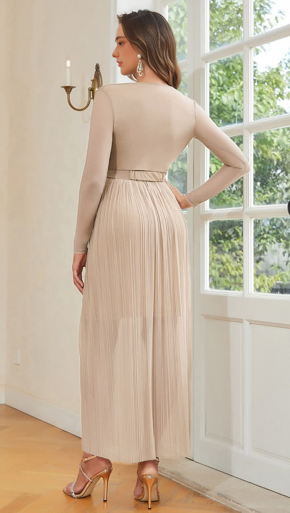 PLEATED V - NECK BELTED MESH - SLEEVE MAXI DRESS IN BEIGE