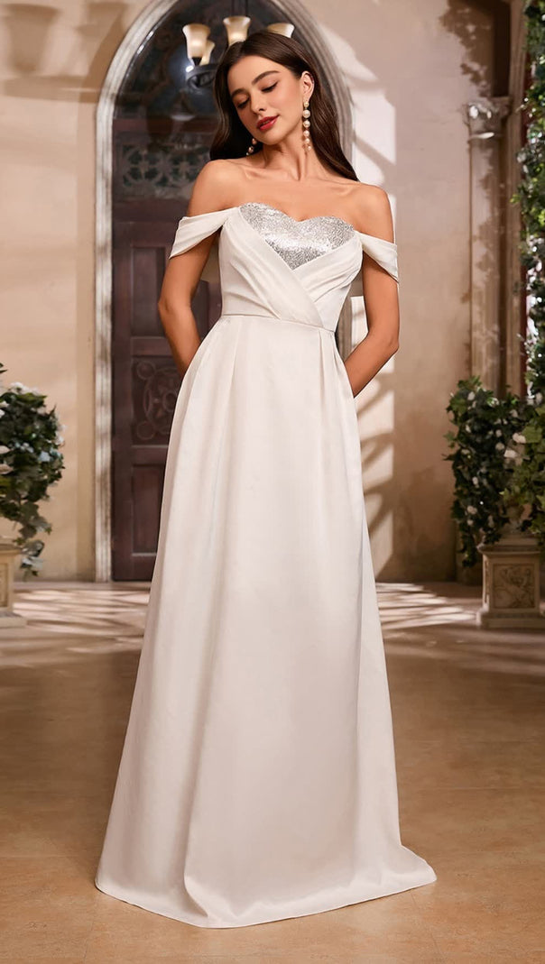 AIIZIE SEQUIN - ACCENT OFF - SHOULDER MAXI DRESS IN WHITE - product image