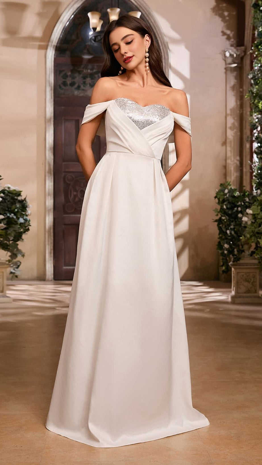 SEQUIN - ACCENT OFF - SHOULDER MAXI DRESS IN WHITE