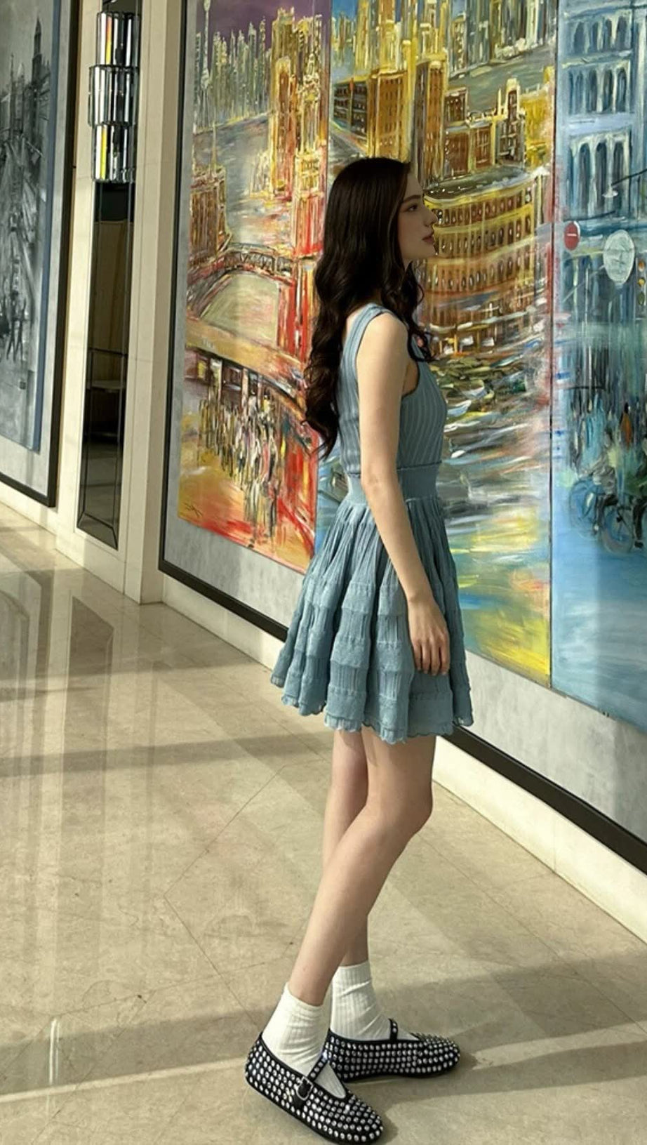 RIBBED POINTELLE KNIT MINI DRESS IN BLUE