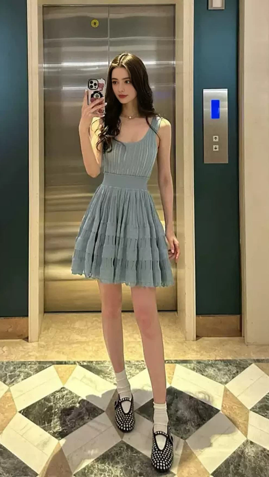 RIBBED POINTELLE KNIT MINI DRESS IN BLUE