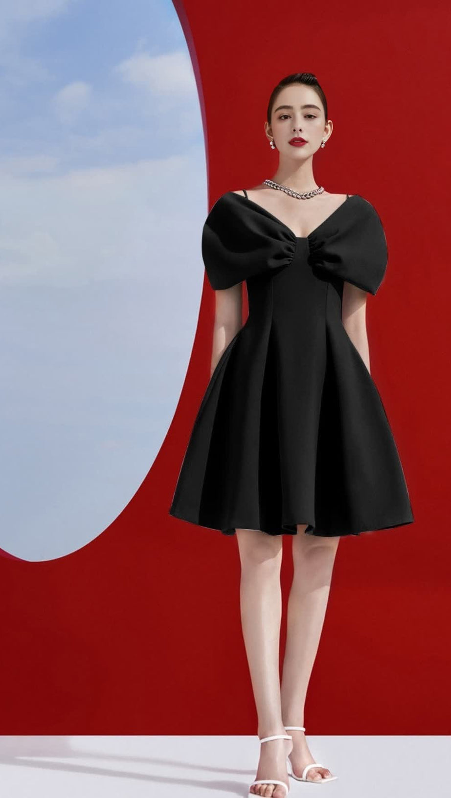 V - NECK SHORT - SLEEVE FIT - AND - FLARE DRESS IN BLACK