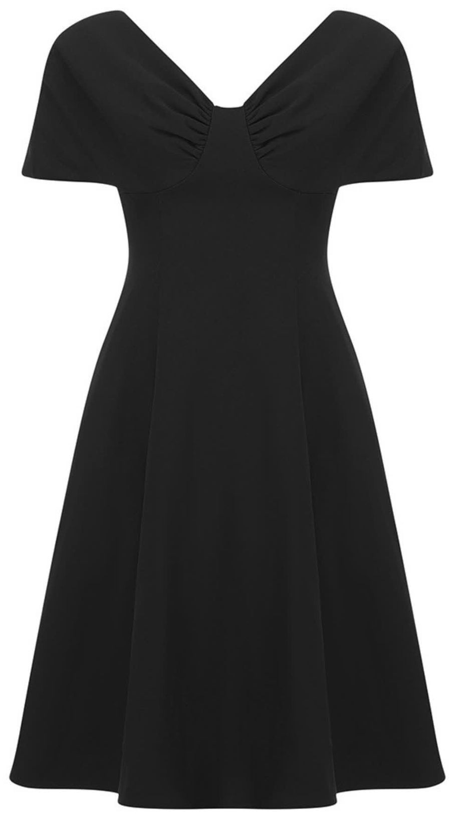 V - NECK SHORT - SLEEVE FIT - AND - FLARE DRESS IN BLACK