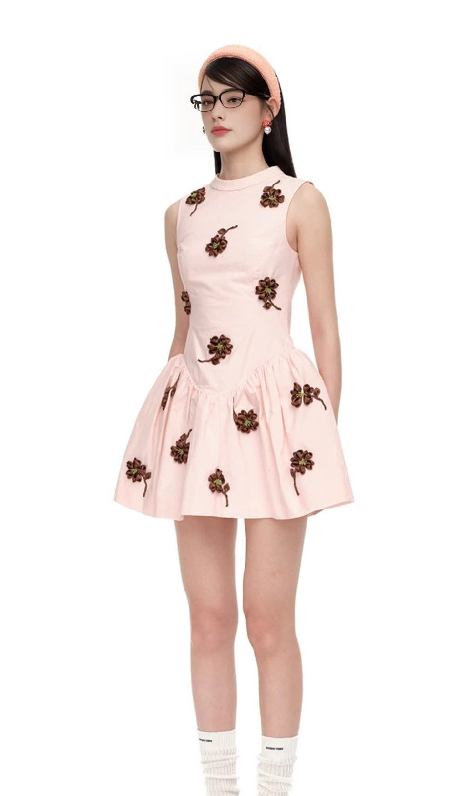 VIVIEN FLOWER EMBELLISHED PUFFY MINI DRESS IN PINK