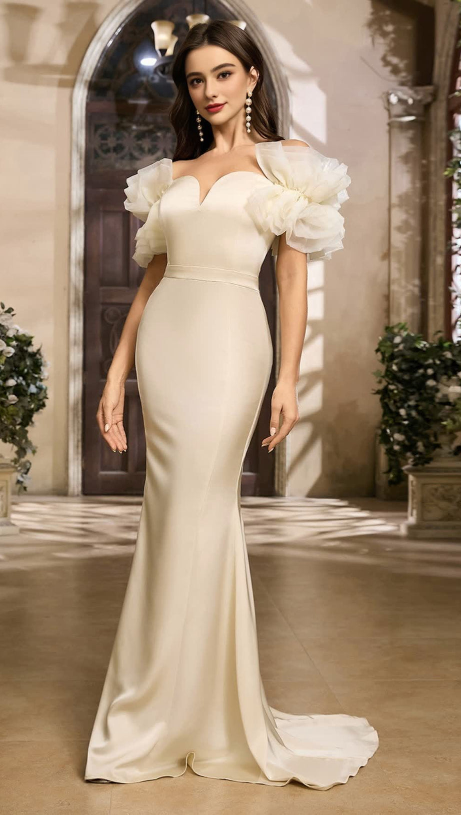 OFF - SHOULDER RUFFLED - SLEEVE MERMAID MAXI DRESS IN LVORY