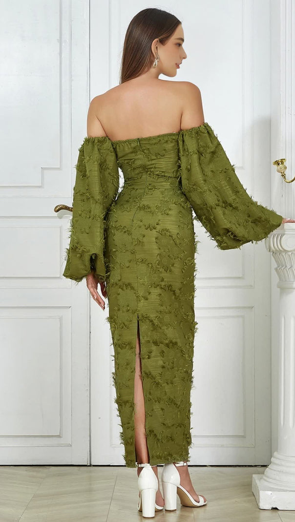 AIIZIE TEXTURED - JACQUARD OFF - SHOULDER MIDI DRESS IN OLIVE GREEN - product image