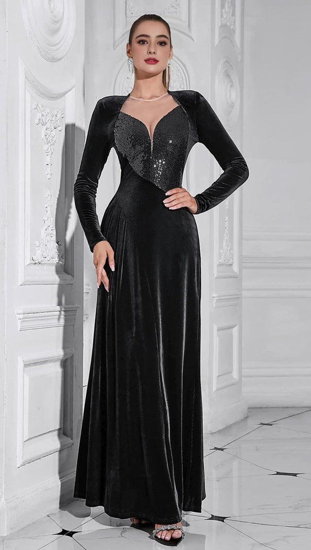 AIIZIE VELVET SEQUIN - INSET LONG - SLEEVE MAXI DRESS IN BLACK - product image