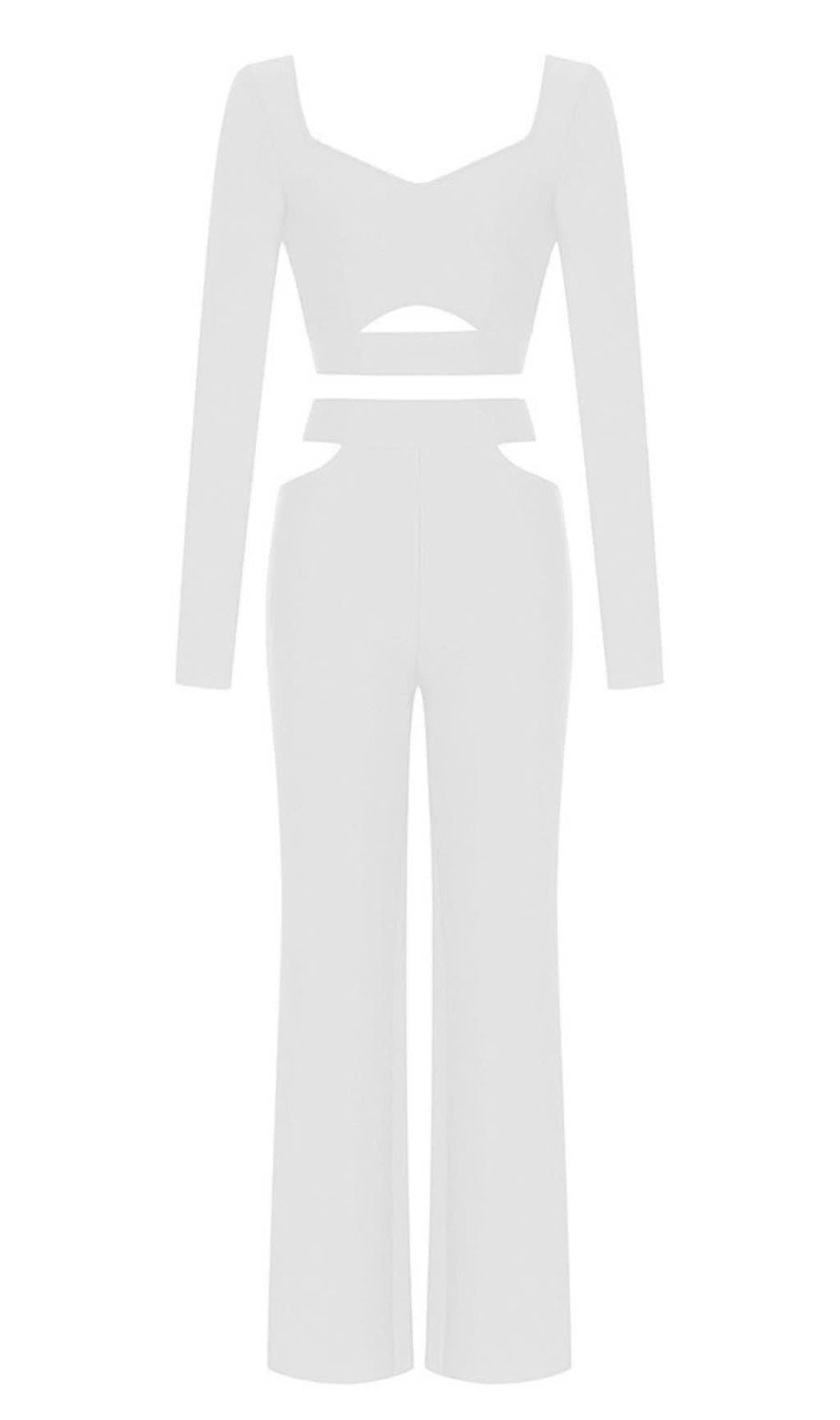 Cutout Long - Sleeve Crop Top And Pants Set in White