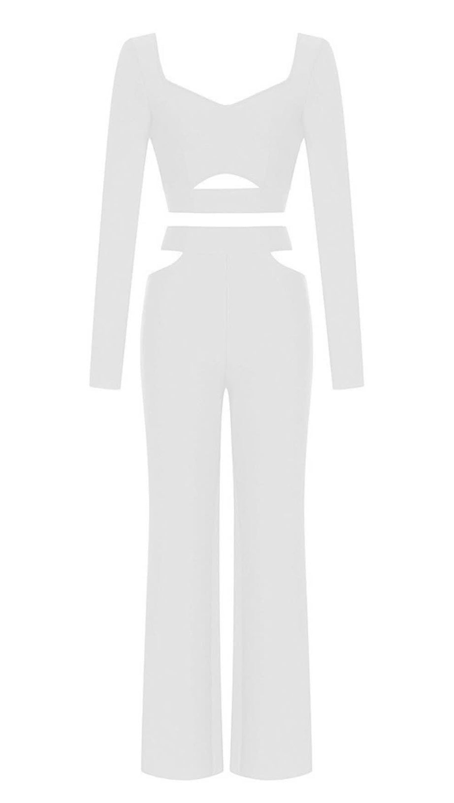 Set aus langärmligem Crop-Top und Hose mit Cut-Outs in Weiß