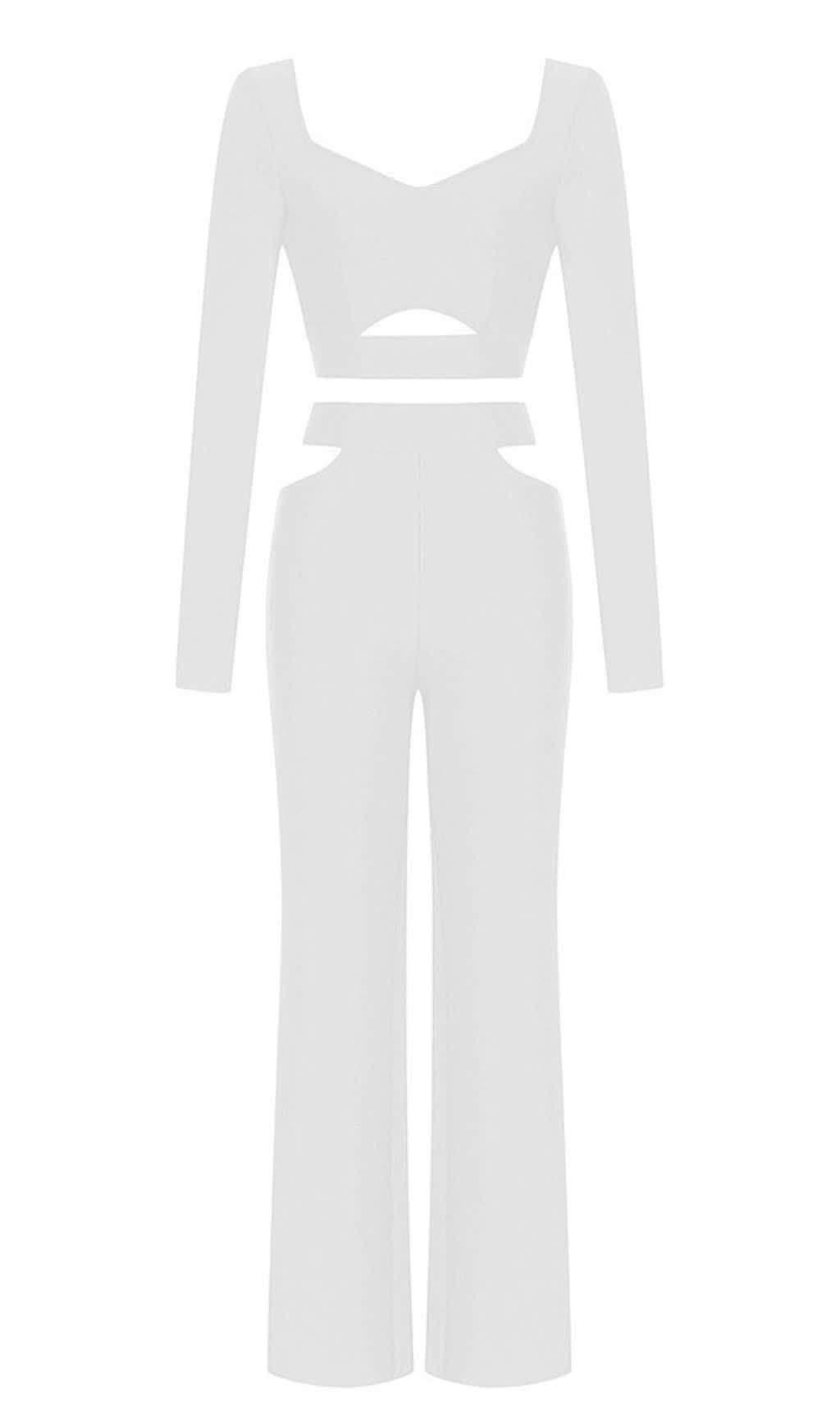 Set aus langärmligem Crop-Top und Hose mit Cut-Outs in Weiß