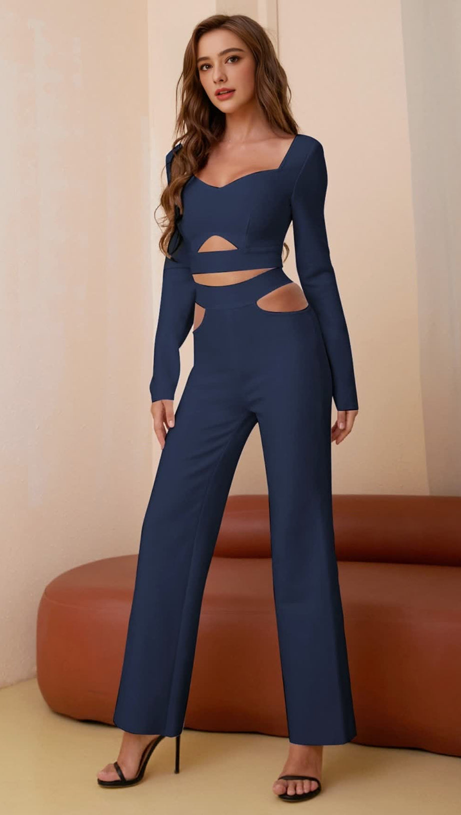 Set aus langärmligem Crop-Top und Hose mit Cut-Outs in Marineblau