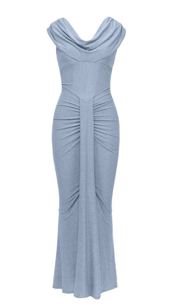 AIIZIE COWL - NECK RUCHED MERMAID MIDI DRESS IN LIGHT BLUE - product image