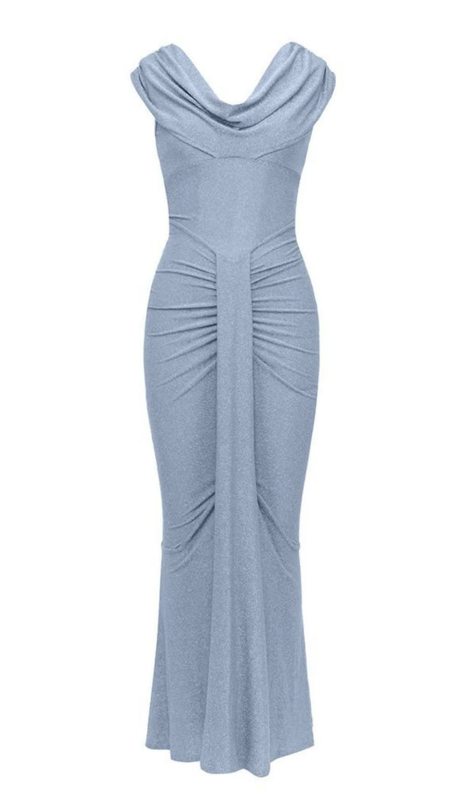 Cowl - Neck Ruched Mermaid Midi Dress in Light Blue