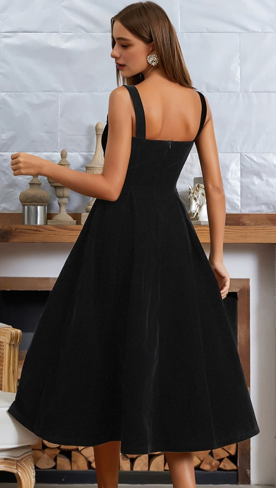 Velvet – Midikleid mit quadratischem Ausschnitt in Schwarz