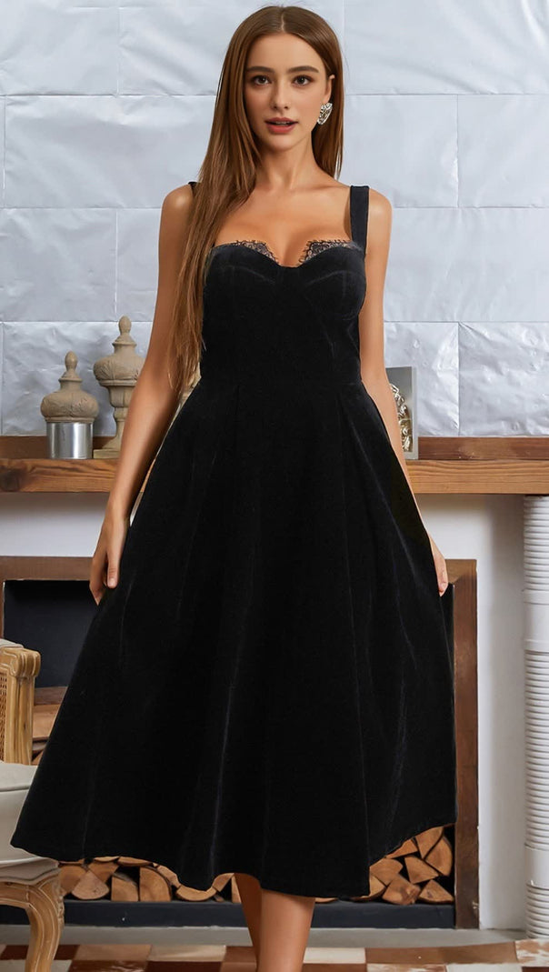 AIIZIE VELVET SQUARE - NECK MIDI DRESS IN BLACK - product image