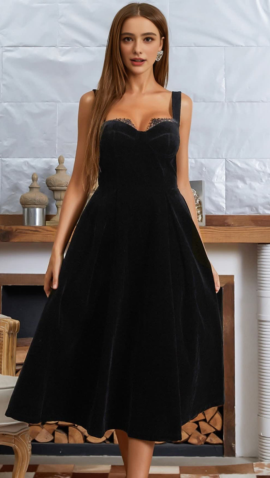 Velvet – Midikleid mit quadratischem Ausschnitt in Schwarz