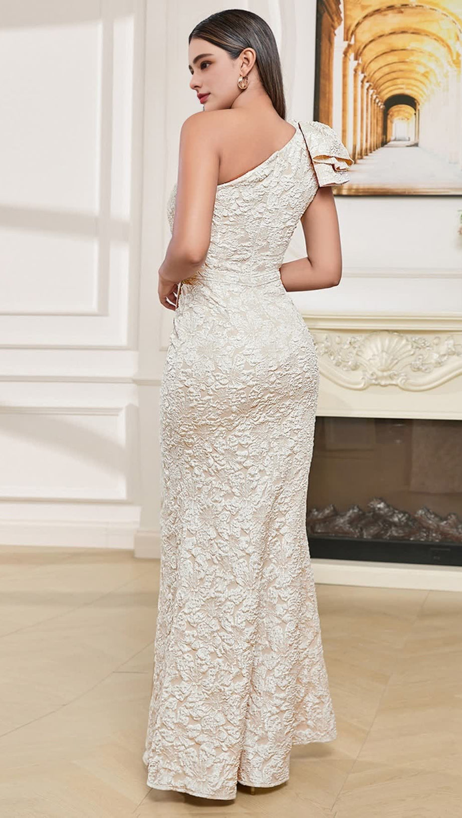 ONE - SHOULDER RUFFLE - DETAIL MIDI DRESS IN BEIGE BROCADE