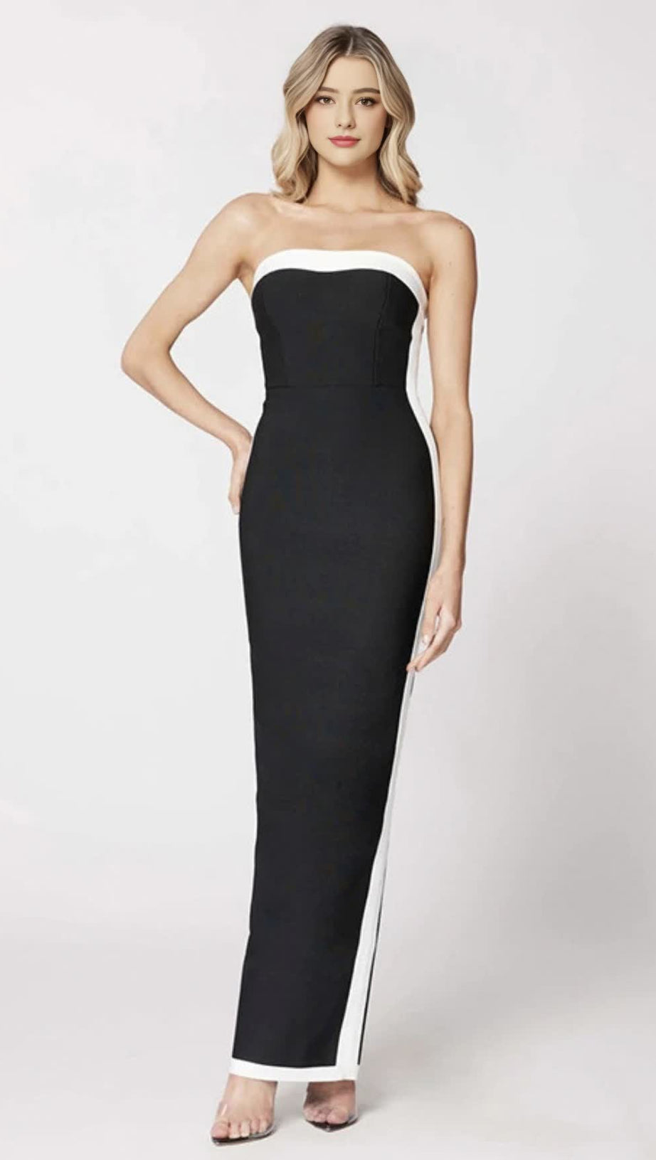 Trägerloses Color-Block-Bandage-Midikleid in Schwarz