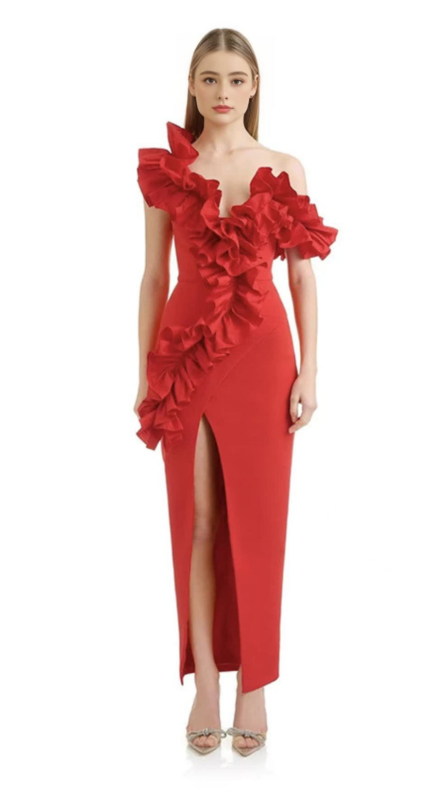 Rotes Midikleid mit One-Shoulder-Träger, Rüschenbesatz und Schlitz