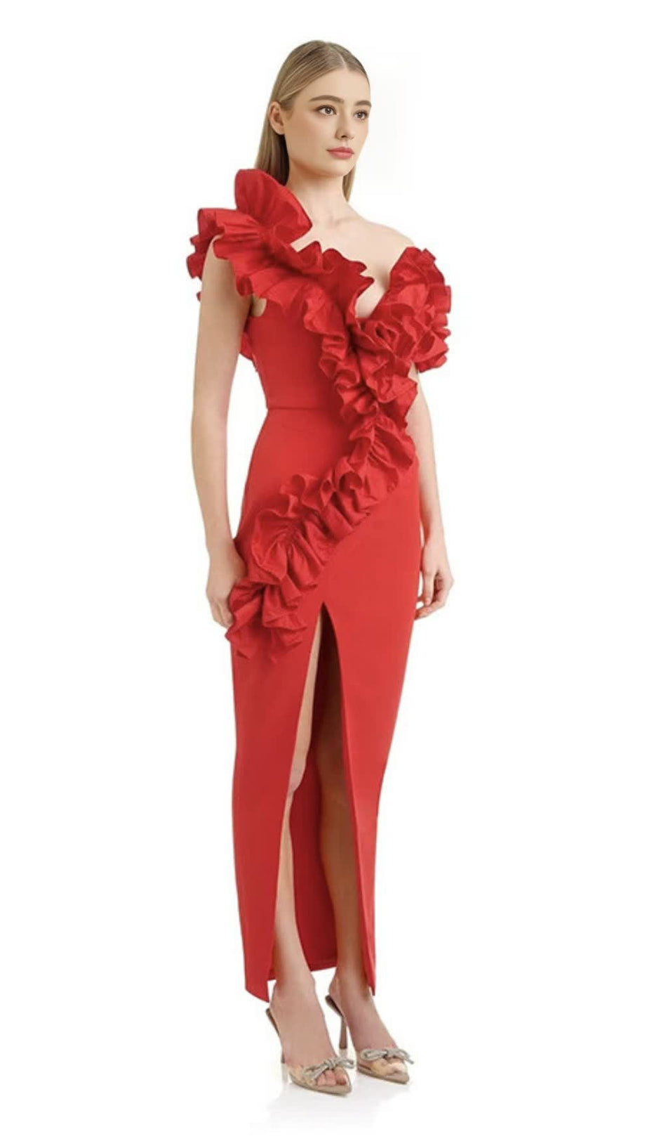 Rotes Midikleid mit One-Shoulder-Träger, Rüschenbesatz und Schlitz