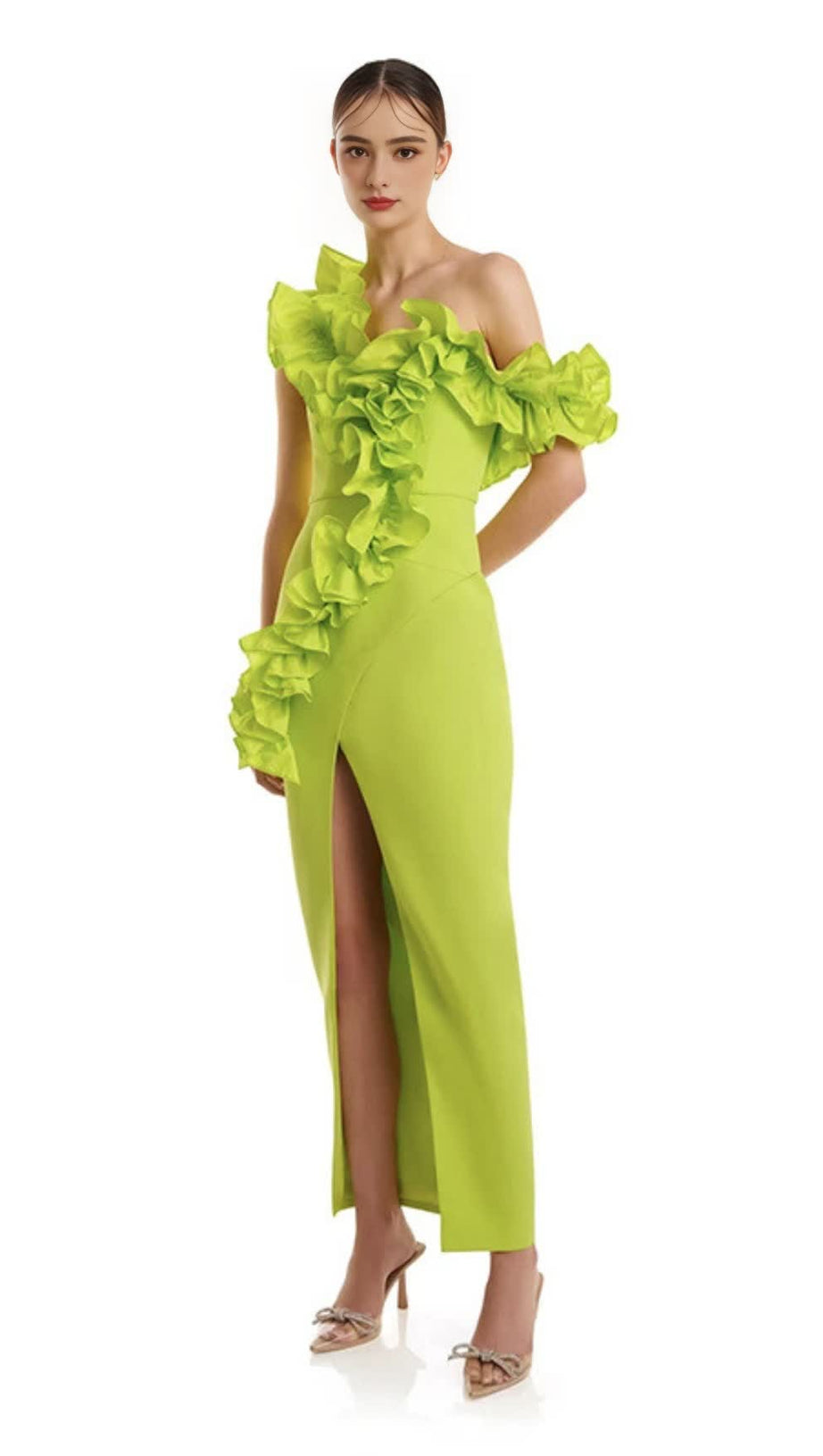 Gelbes Midikleid mit One-Shoulder-Träger, Rüschenbesatz und Schlitz