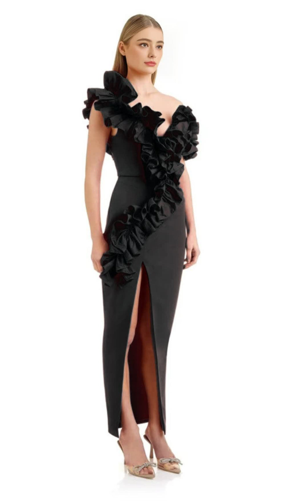 One-Shoulder-Midikleid mit Rüschenbesatz und Schlitz in Schwarz