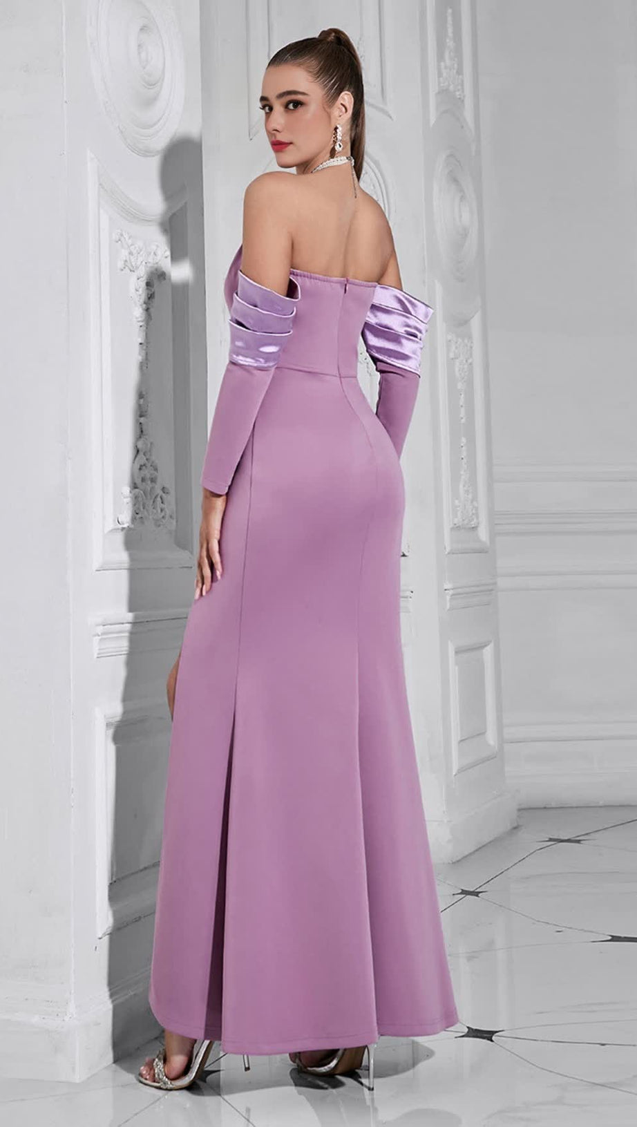 HALTER NECK SPLIT - SLEEVE SLIT MERMAID MAXI DRESS IN LILAC