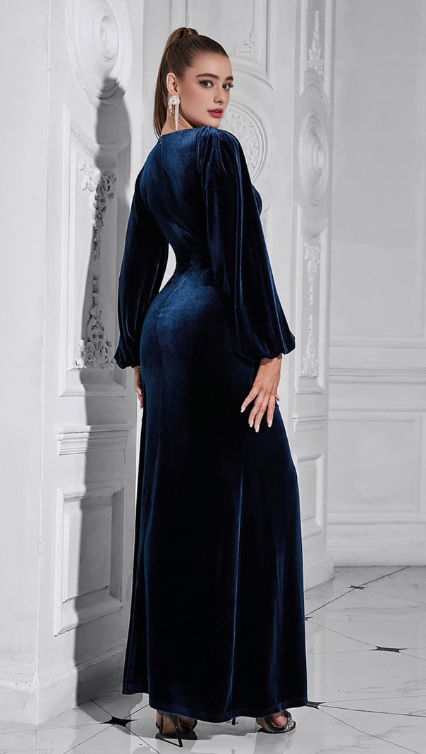 AIIZIE VELVET PUFF - SLEEVE RUCHED MERMAID MIDI DRESS IN NAVY BLUE - product image