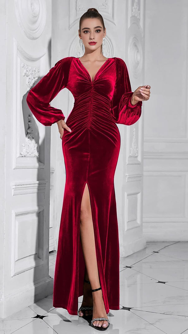 AIIZIE VELVET PUFF - SLEEVE RUCHED MERMAID MIDI DRESS IN RED - product image