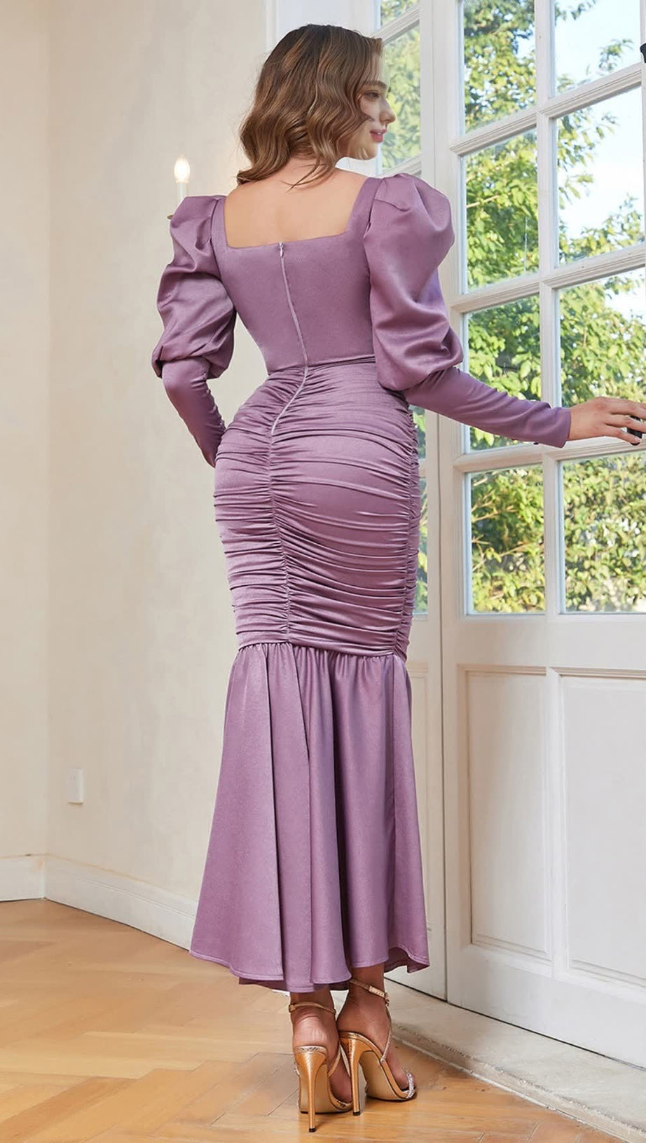 PUFF - SLEEVE RUCHED MERMAID MAXI DRESS IN LILAC