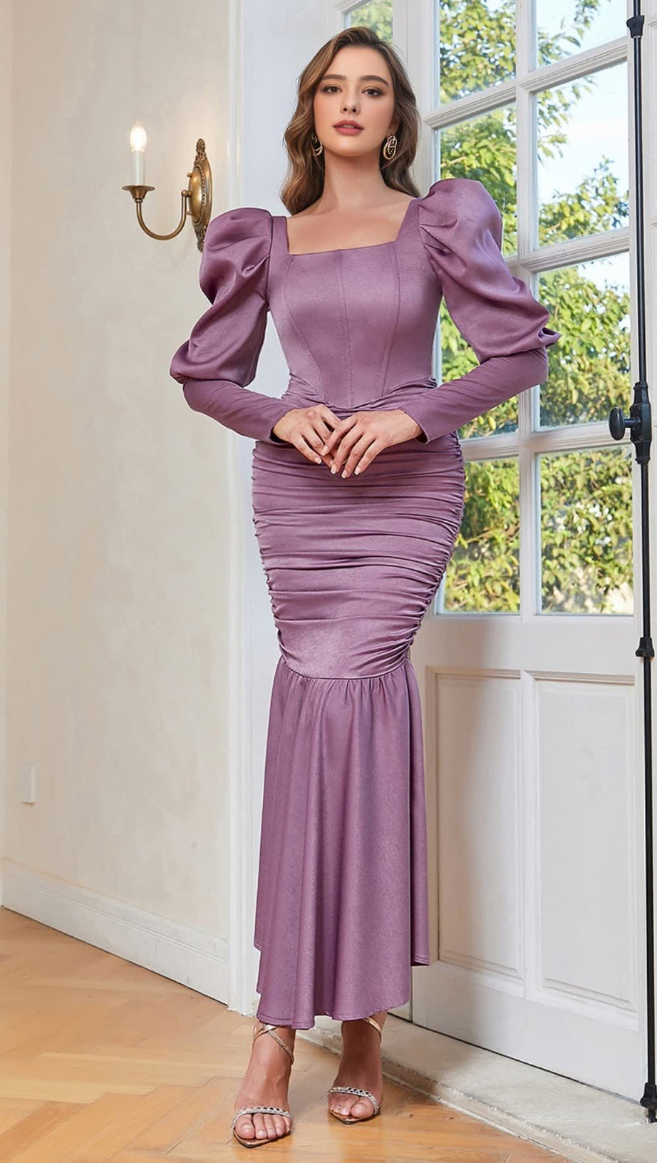 PUFF - SLEEVE RUCHED MERMAID MAXI DRESS IN LILAC
