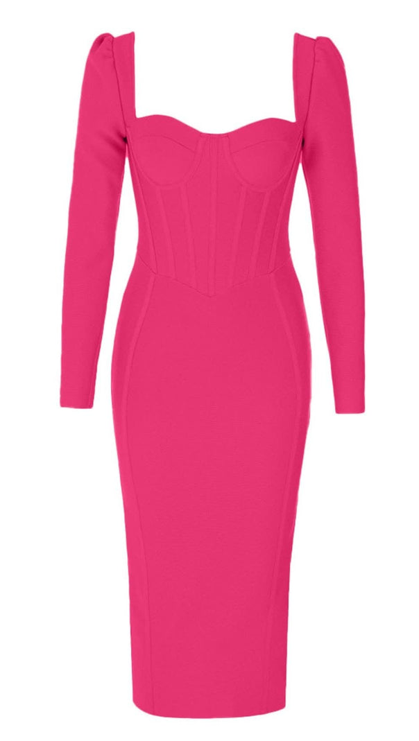 AIIZIE SQUARE - NECK PUFF - SLEEVE CORSET MIDI DRESS IN ROSE RED - product image