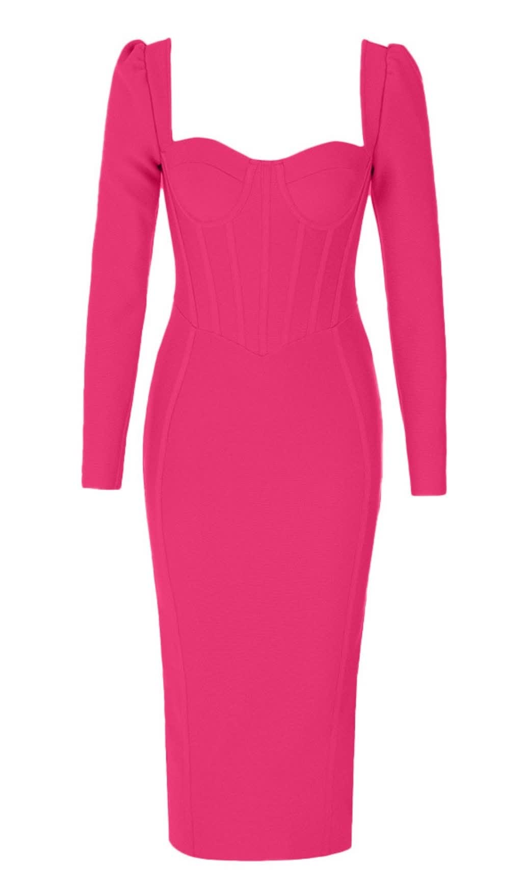 Korsett-Midikleid mit quadratischem Ausschnitt und Puffärmeln in Rosenrot