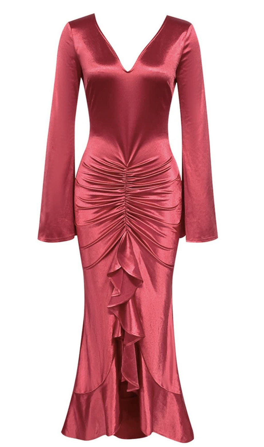 Satin-Midikleid mit Rüschen und Rüschen in Rot