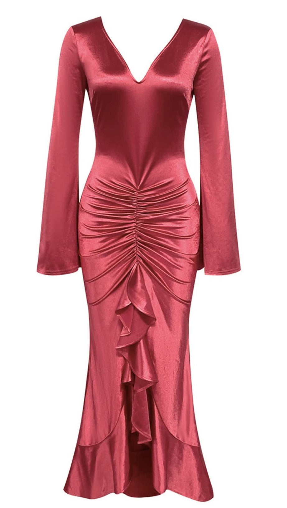 SATIN RUCHED RUFFLE MIDI DRESS IN RED
