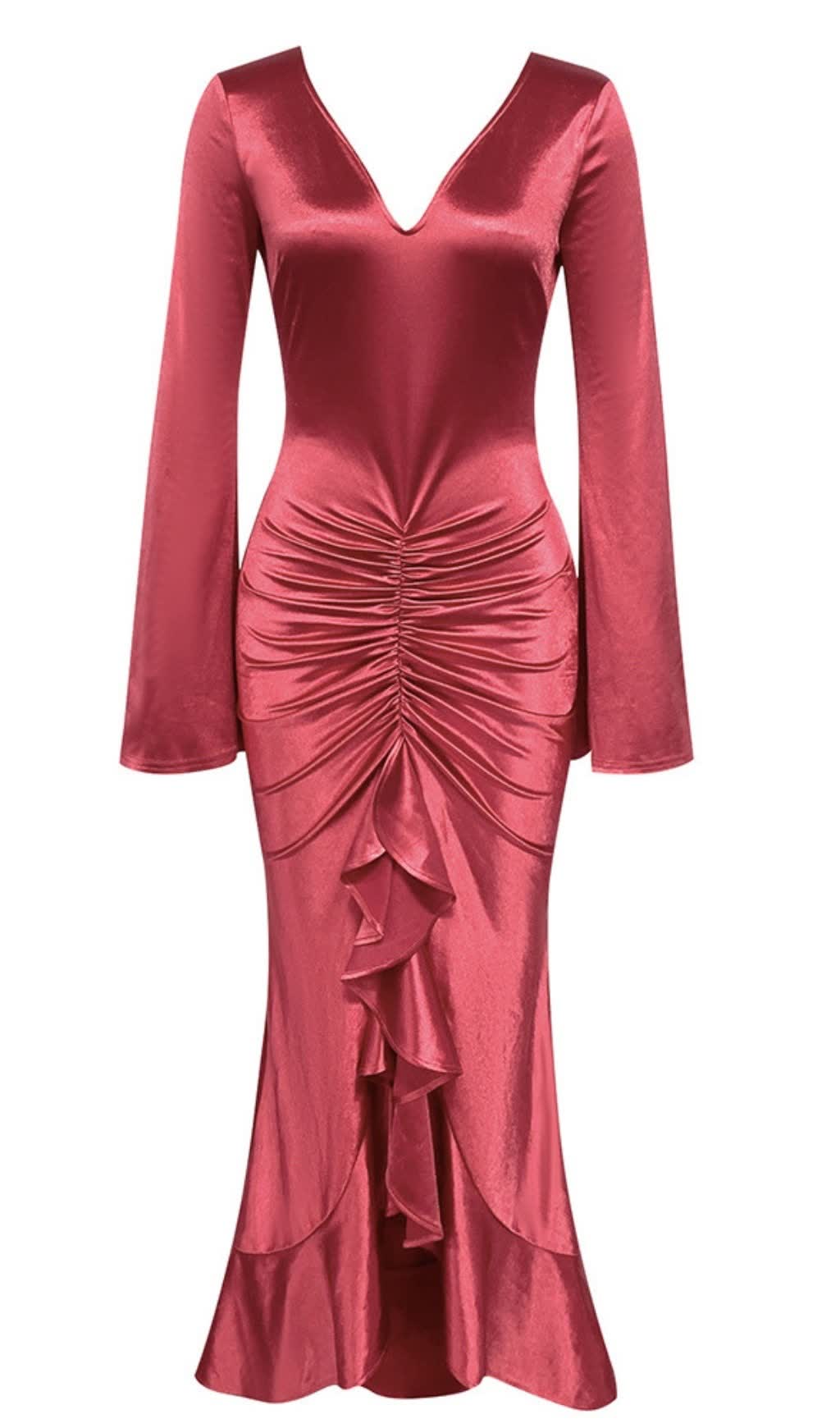 Satin-Midikleid mit Rüschen und Rüschen in Rot