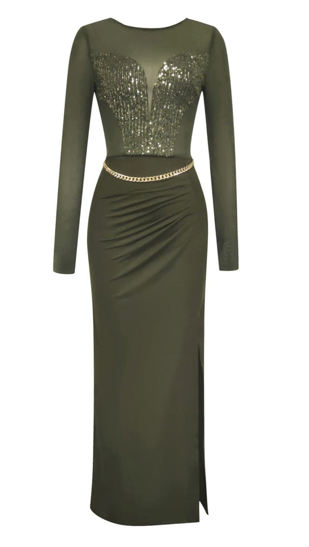 AIIZIE MESH - TOP SEQUIN - EMBELLISHED SLIT MAXI DRESS IN DARK GREEN - product image