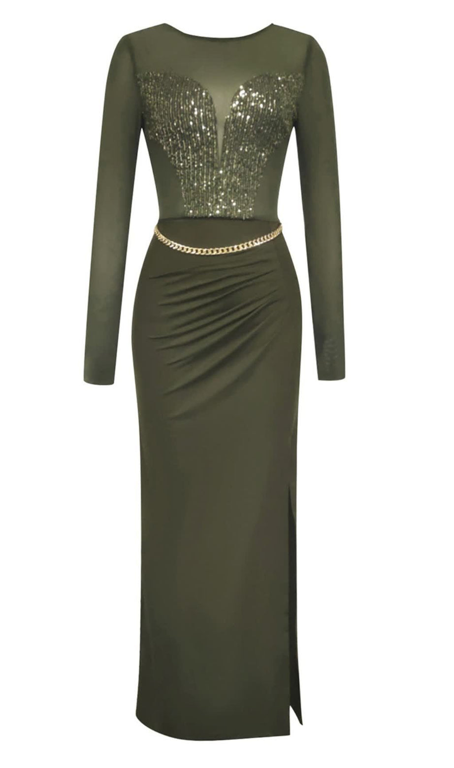 Mesh - Top Pailletten - Verziertes Schlitz-Maxikleid in Dunkelgrün
