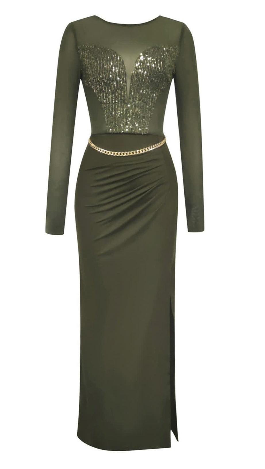 MESH - TOP SEQUIN - EMBELLISHED SLIT MAXI DRESS IN DARK GREEN