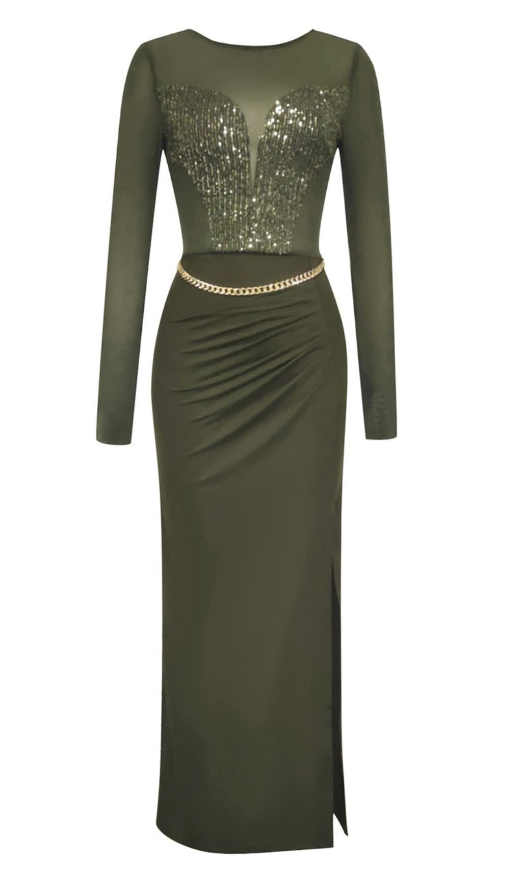 MESH - TOP SEQUIN - EMBELLISHED SLIT MAXI DRESS IN DARK GREEN