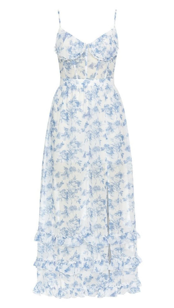 AIIZIE FLORAL RUFFLED SLIT MAXI DRESS IN LIGHT BLUE - product image