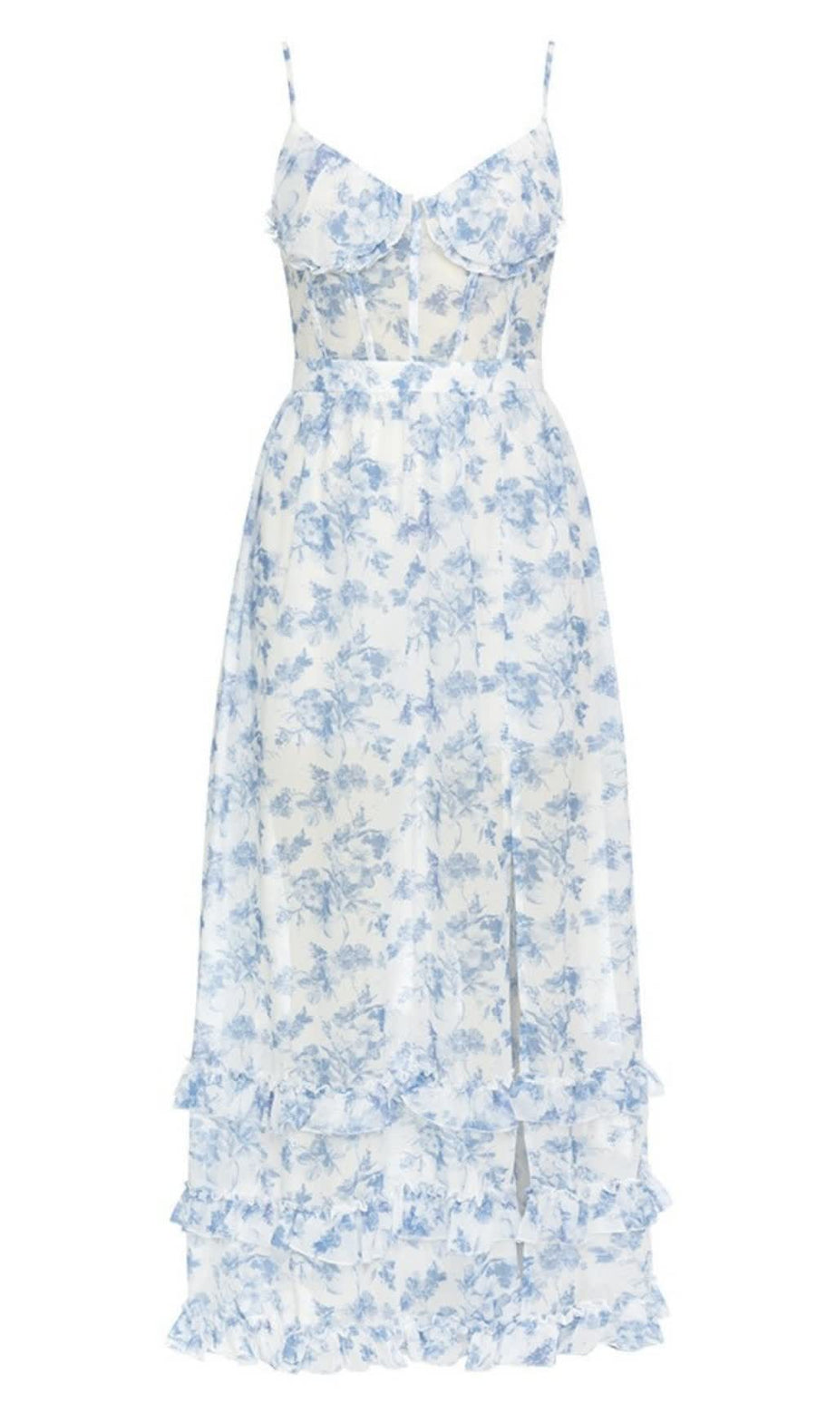 Floral Ruffled Slit Maxi Dress in Light Blue