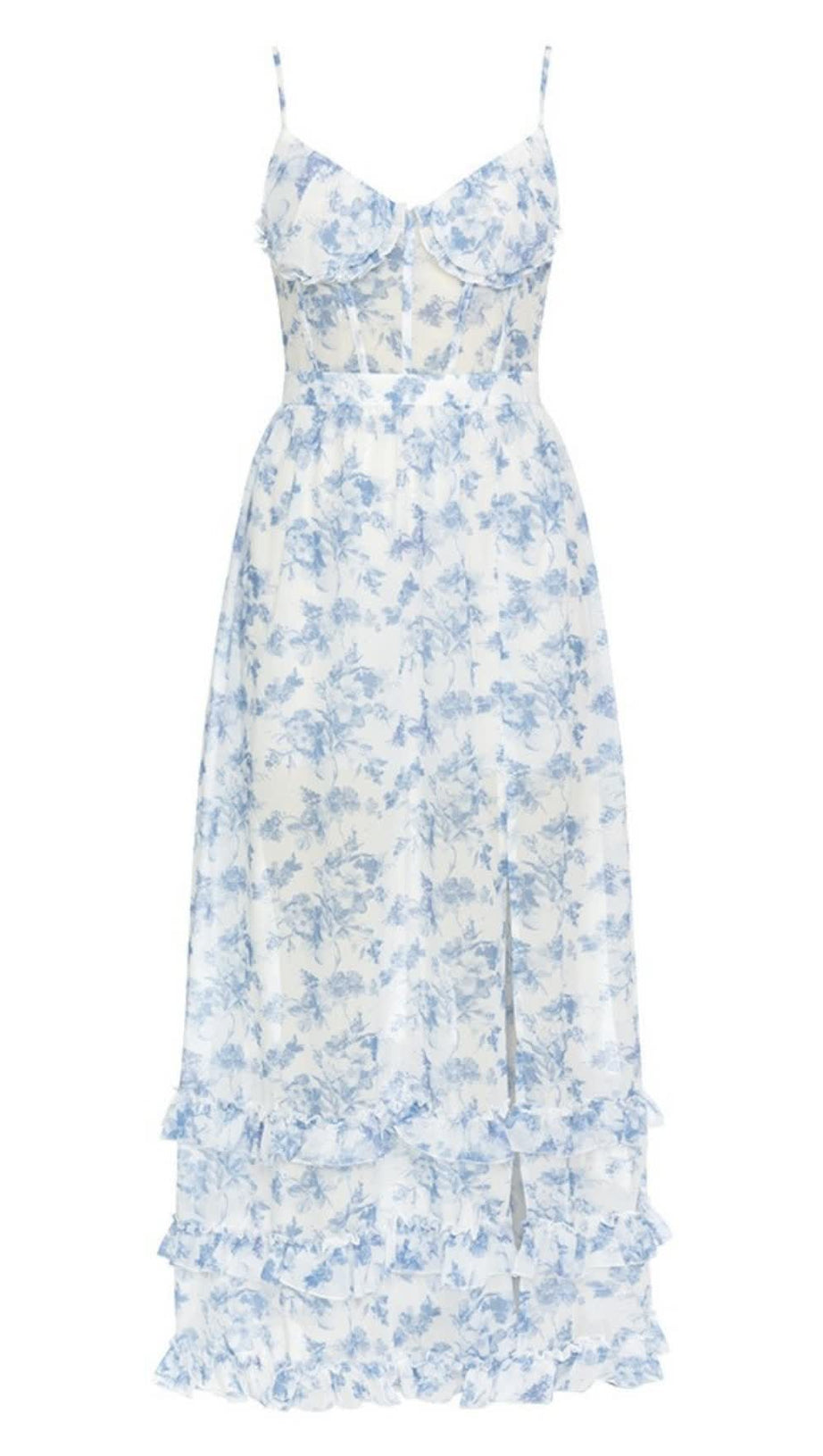 FLORAL RUFFLED SLIT MAXI DRESS IN LIGHT BLUE