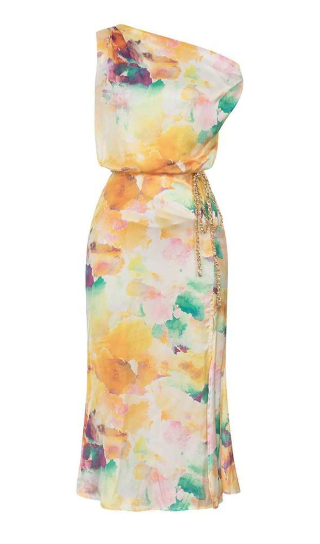 COLORFUL WATERCOLOR ONE - SHOULDER CHAIN - BELTED MIDI DRESS IN ORANGE