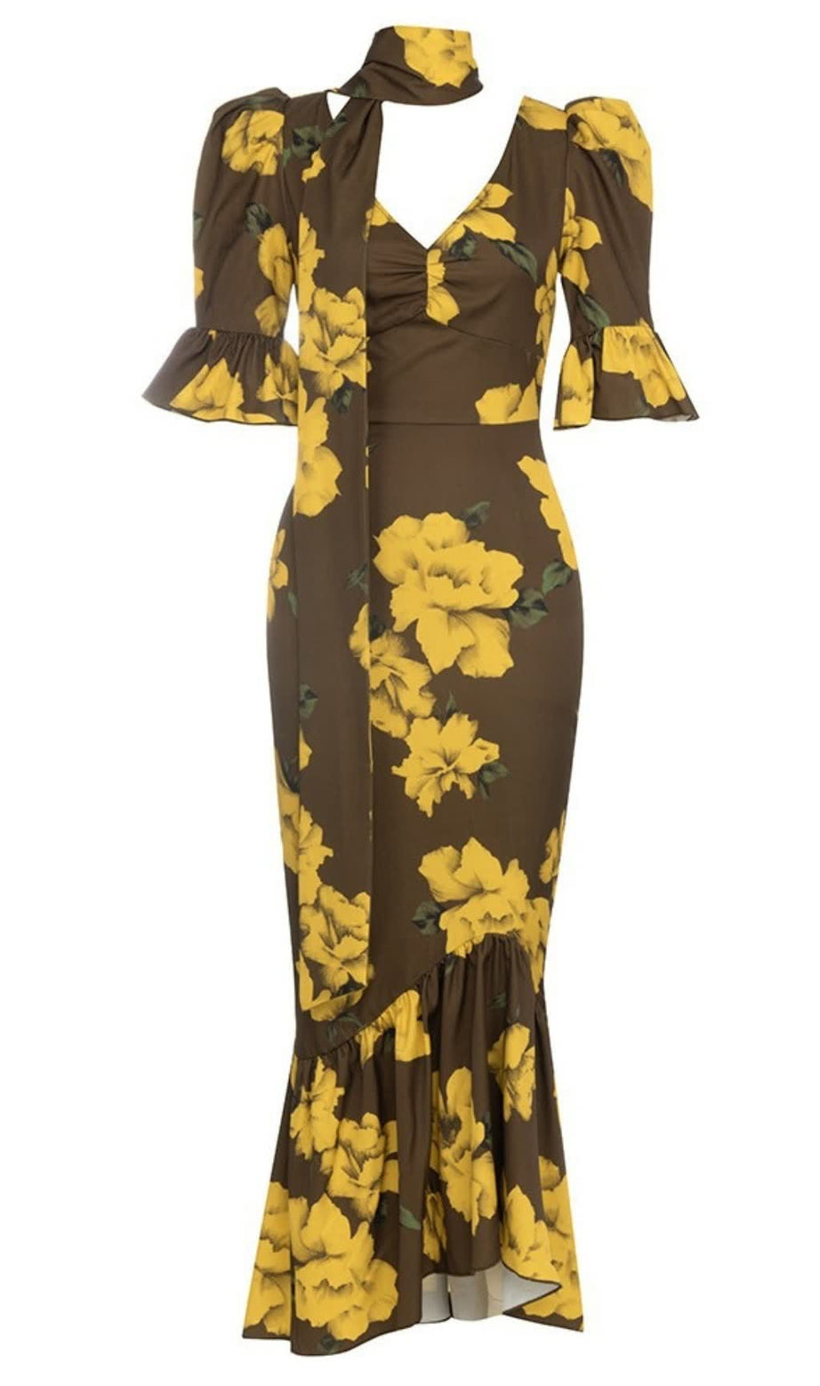 Braunes Midikleid mit Blumenmuster, Rüschenärmeln und Bindeband am Hals