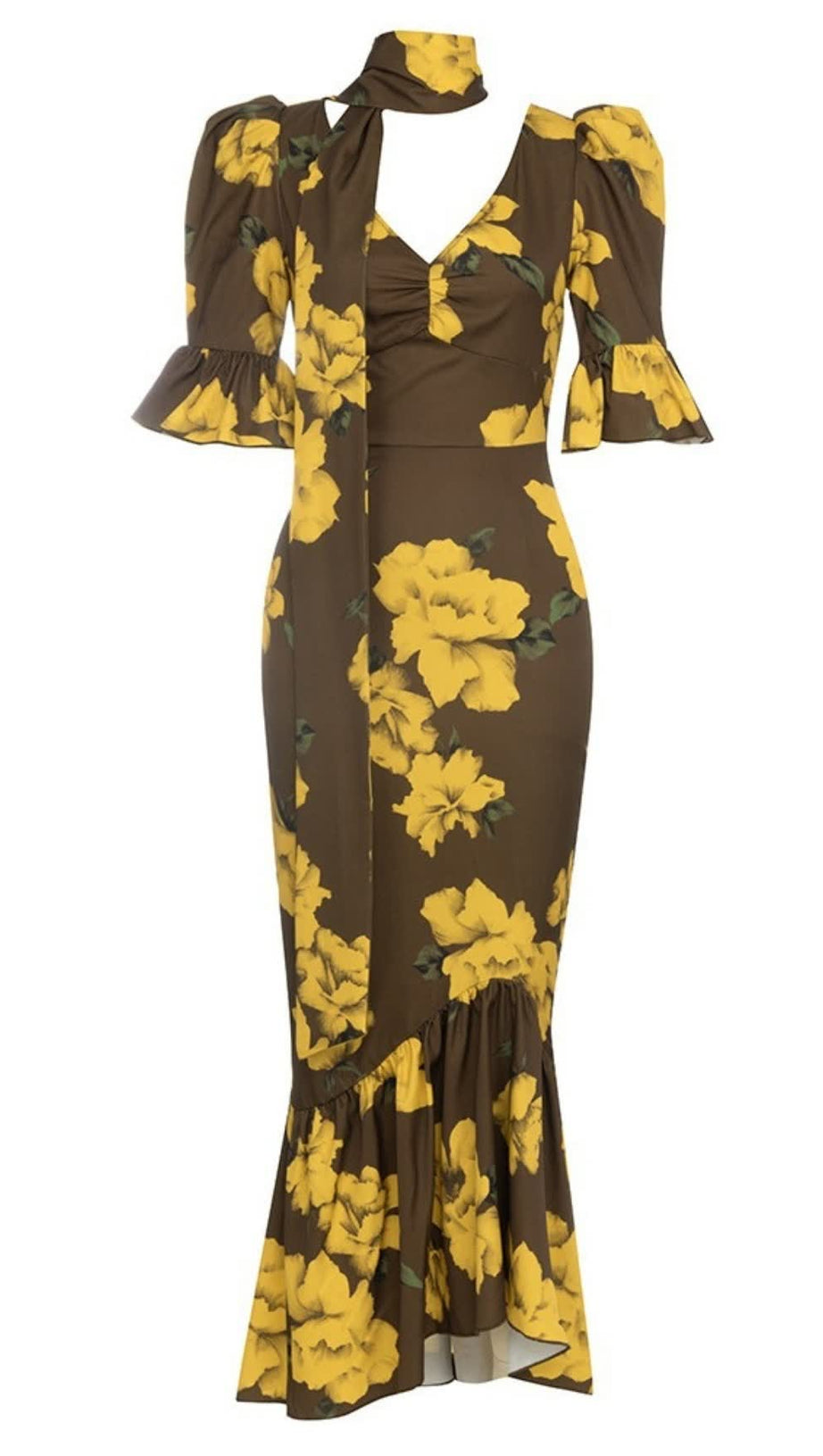 FLORAL - PRINT RUFFLED - SLEEVE TIE - NECK MIDI DRESS IN BROWN
