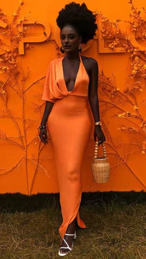 AIIZIE NEON ORANGE PLUNGING NECK BATWING SLEEVE BACKLESS BODYCON BANDAGE DRESS - product image