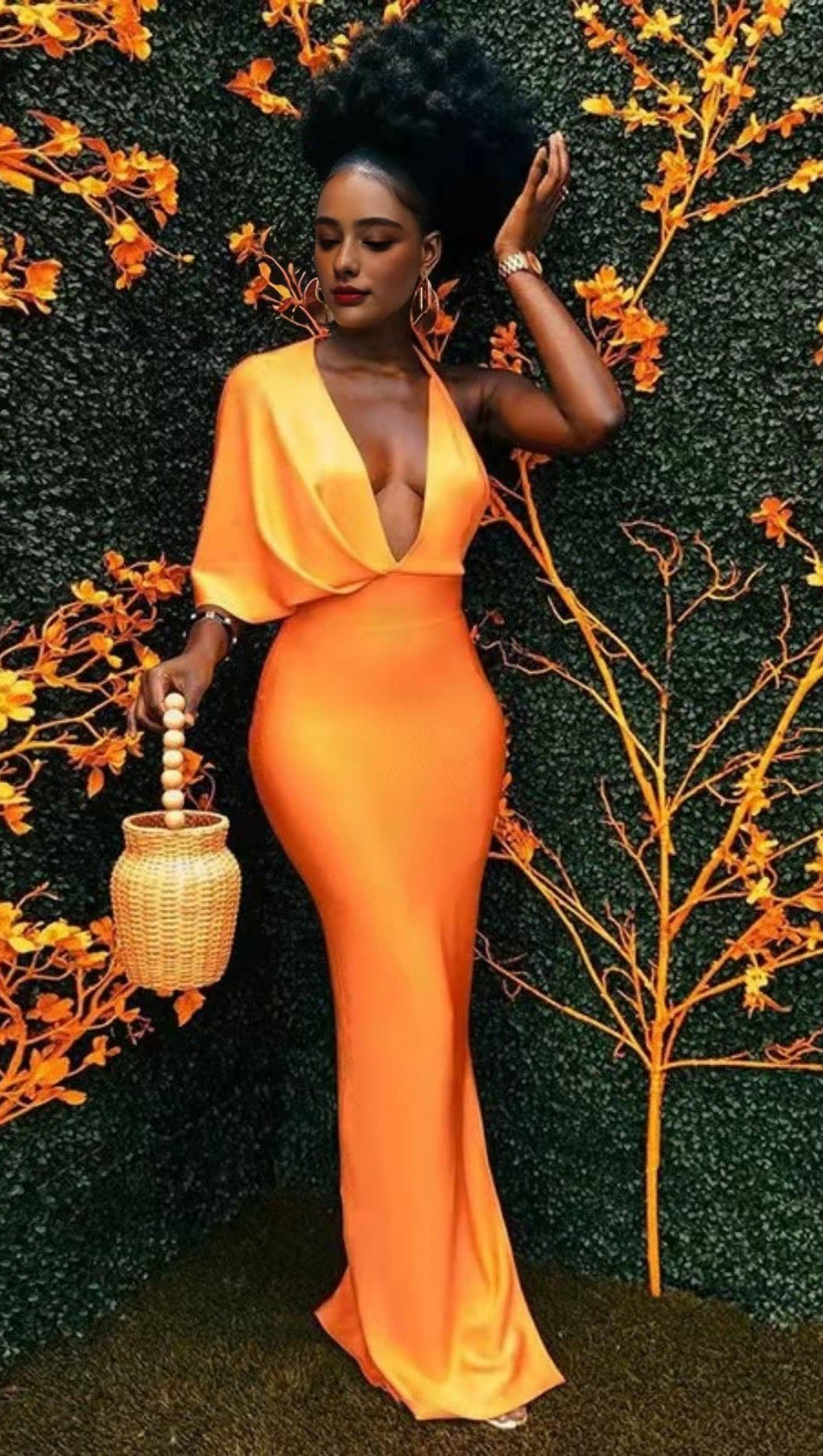 NEON ORANGE PLUNGING NECK BATWING SLEEVE BACKLESS BODYCON BANDAGE DRESS