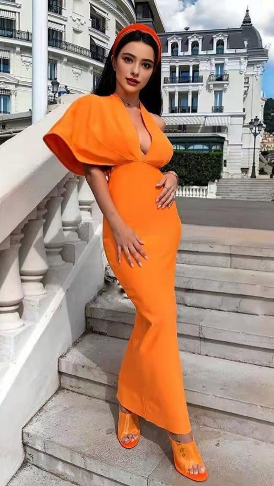 NEON ORANGE PLUNGING NECK BATWING SLEEVE BACKLESS BODYCON BANDAGE DRESS