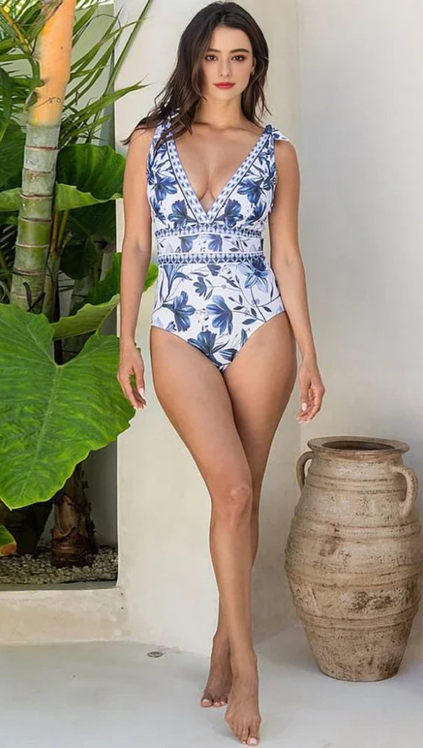 AIIZIE V-NECK LACE PATTERNED PRINTED ONE-PIECE SWIMSUIT AND SKIRT - product image